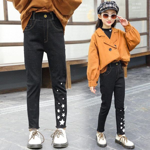 

jeans for teenagers personality stars pattern casual children's clothing girl kids 4 5 7 9 11 13 14y pants children trousers, Blue