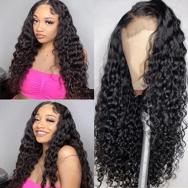 

lace wigs 30 inch transparent deep wave frontal wig for women 6x6 closure 13x6 front human hair with baby remy, Black;brown