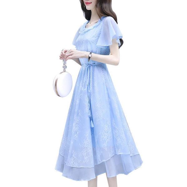 

women dress office lady korean elegant ruffles chiffon long retro lace maxi a line female casual dresses vestidos, Black;gray