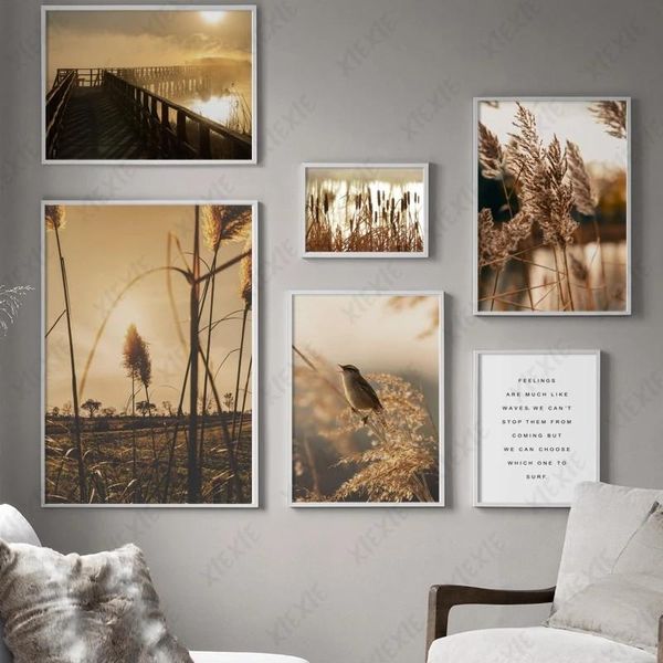 

paintings country pastoral landscape canvas painting river bridge rice ears poster art decoration home print and wallpaper picture craft