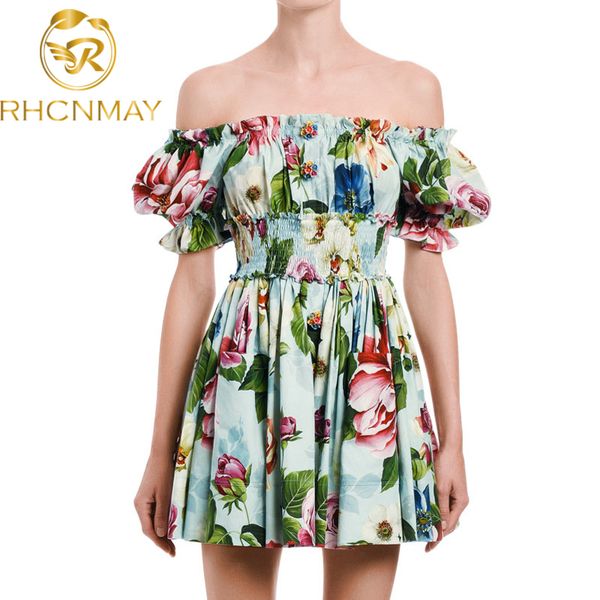 

runway women off shoulder print ruffles buttons pocket elastic waist beach boho dress summer puff sleeve rose floral short dressswimwear bat, Black;gray
