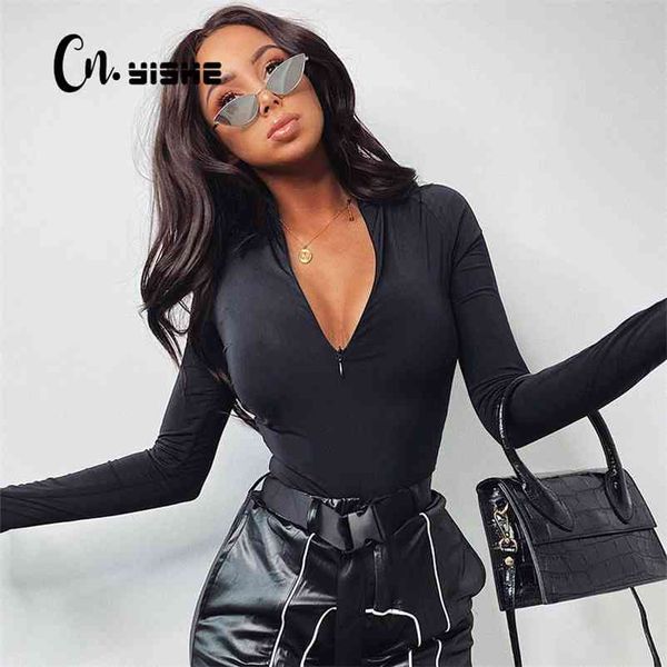 CNYISHE Overalls Reißverschluss Langarm Bodycon Bodysuit Für Frau Reiner Winter Strampler Overalls Sexy Körper Weibliche Schwarze Tops 210728