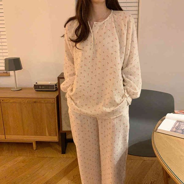 

sleepwear two piece suit o-neck cotton gentle cheery print sweet homewear korean casual loose chic fashion pajamas set, Black;red