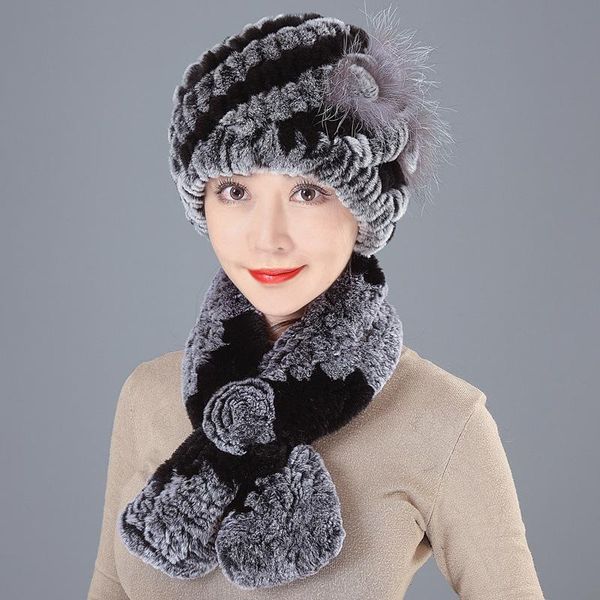 

berets 17 styles thicken elastic color matching knitted ear beanies hat scarf set lazy silver fur winter autumn cap, Blue;gray