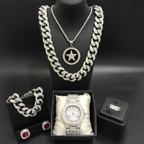 

earrings & necklace luxury men silver color watch neckalce braclete ring combo set in crystal out cuban neckacle for