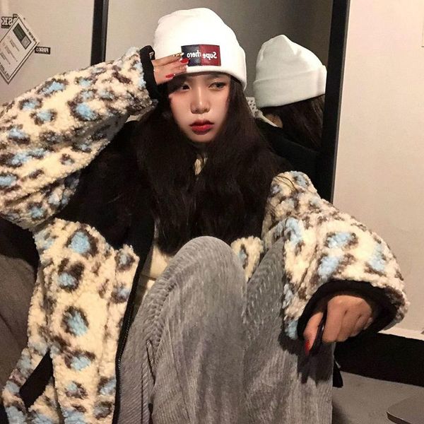 

women's jackets kpop autumn winter leopard stitching faux fur outerwear coat women vintage loose harajuku casual clothes zipper stand-u, Black;brown