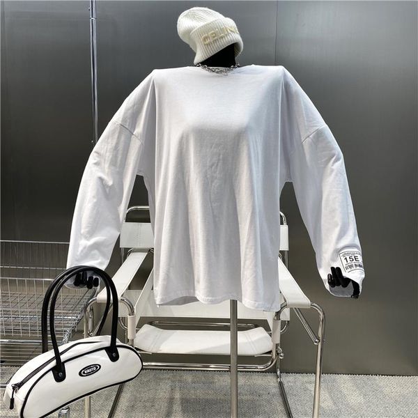 

women's t-shirt brand niche design 2021 simple casual loose fashion label letter long sleeve korean basic round neck top, White