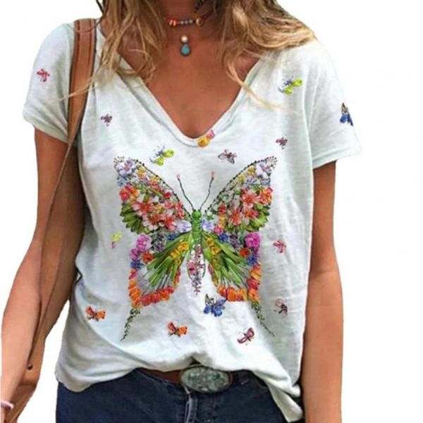 

stylish shirts decorative comfortable v-type collar butterfly short sleeve t-shirt for casual streetwear women's, White