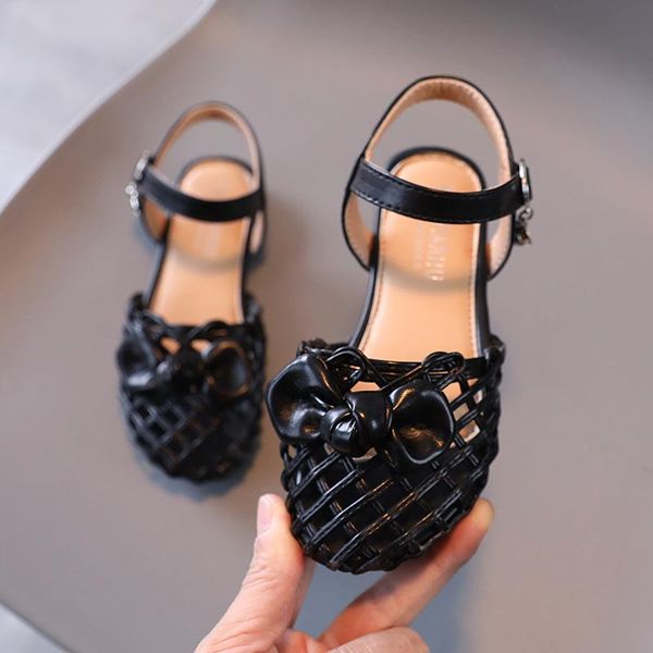 

summer girls sandals hollow outs weave princess shoes round toe ankle strap kids beach children bowtie toddlers dance, Black;red
