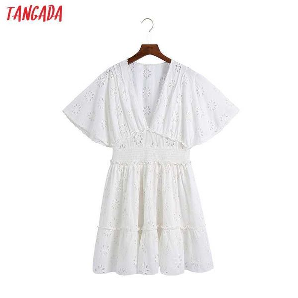 Tangada estate donne scava fuori ricamo romantico vestito in cotone manica corta femminile bianco prendisole 6Z100 210609