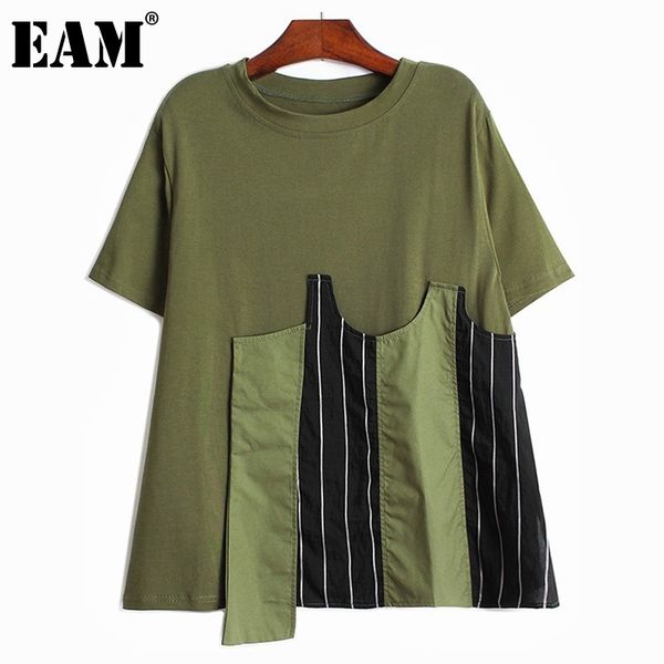 

[eam] women black casual irregular spliced striped t-shirt round neck short sleeve fashion spring summer 1dd8284 210512, White