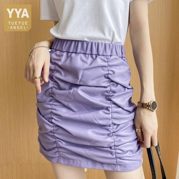 

skirts fashion ladies elastic waist pleated mini skirt sheepskin genuine leather women ol wrap, Black