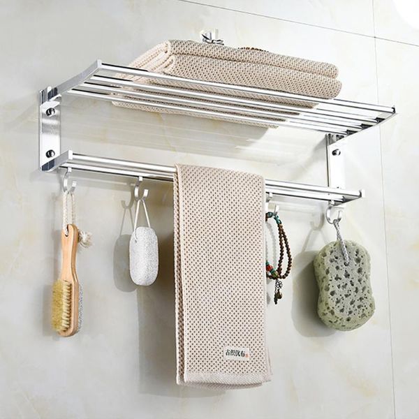 

towel racks rack double-layer shower holder bathroom accessories fold wall organizer hook hanger bright silver aluminum storage shelf