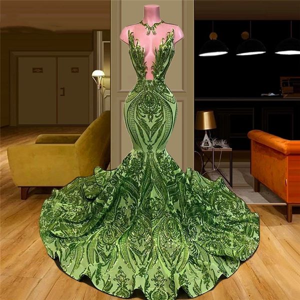 Sequins Hunter Yeşil Abiye Mermaid Custom Made Dantel Aplike Dubai Vestido De Gala 2021 Suudi Arabistan için Türk Trompet Balo Elbise