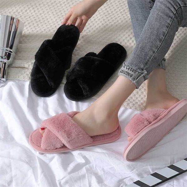 

women home slippers winter warm shoes woman slip on flats slides female faux fur 36-40 wholesale 211110, Black