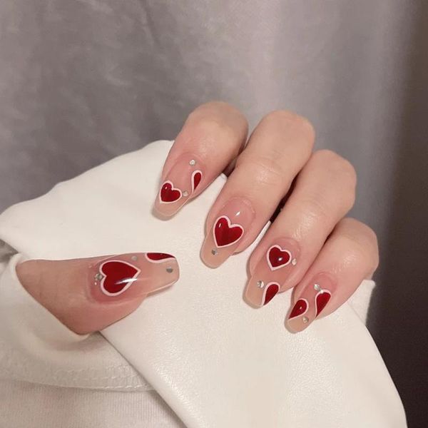 

false nails 24pcs love heart printed nail patch glue type removable long paragraph fashion manicure uÃ±as postizas, Red;gold