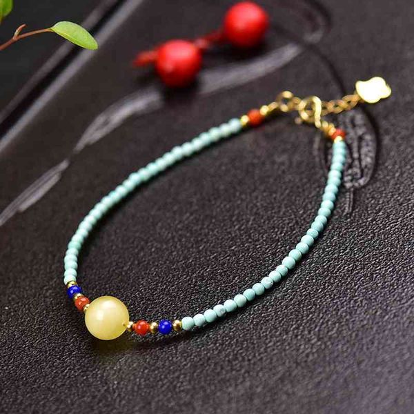 

natural crystal turquoise with honey wax beads single ring bracelet for women, Black