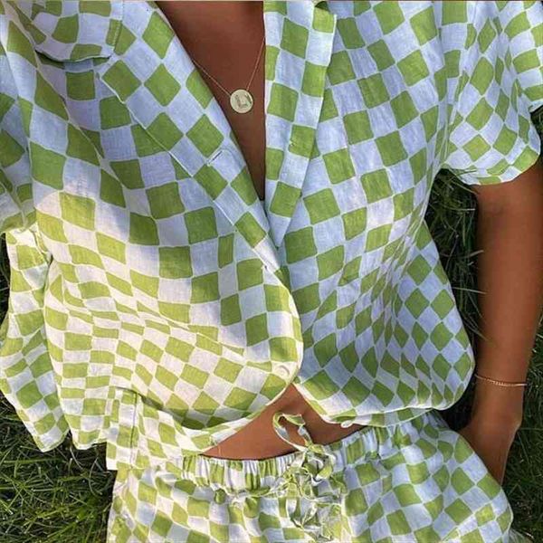 

casual women lounge wear summer plaid tracksuit shorts set short sleeve shirt and mini shorts suit green two piece, Gray