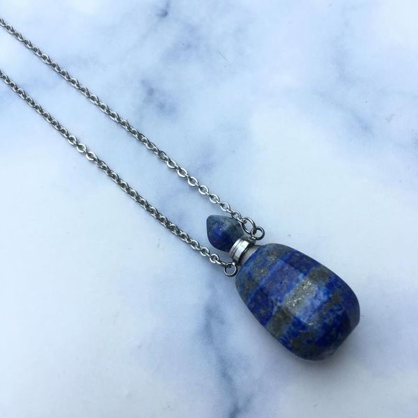 

pendant necklaces faceted lapis lazuli necklace,bottle necklace,perfume bottle necklace,essential oil diffuser ,perfume bottles,semiprecious, Silver