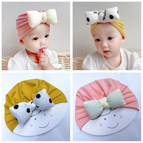 

caps & hats 1-12 months autumn/winter baby hat warm turban bowknot pullover cap striped wave dot tire cotton indonesian, Yellow
