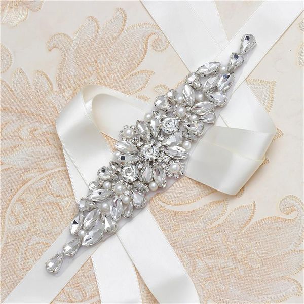 

wedding sashes missrdress belt silver rhinestones gown clear crystal bridal sash pearls flower for dress jk892, White