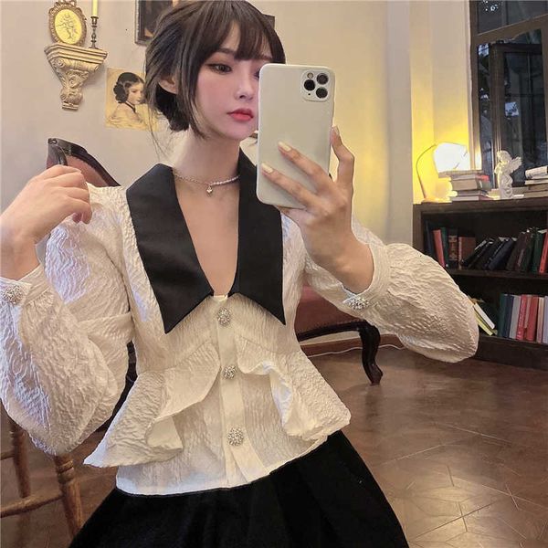 

two piece dress women's short design sense small slim long-sleeved shirt spring korean version of the lotus leaf side 0ia3, White