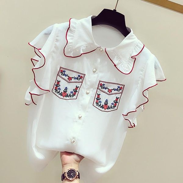 

women's blouses & shirts vintage flower embroidery women 2021 summer turn-down collar ruffles lady elegant outwear coat, White