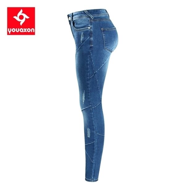 

2086 youaxon womens crossing line patchwork plus size brand mid low waist stretch skinny pants jeans for women denim jean, Blue