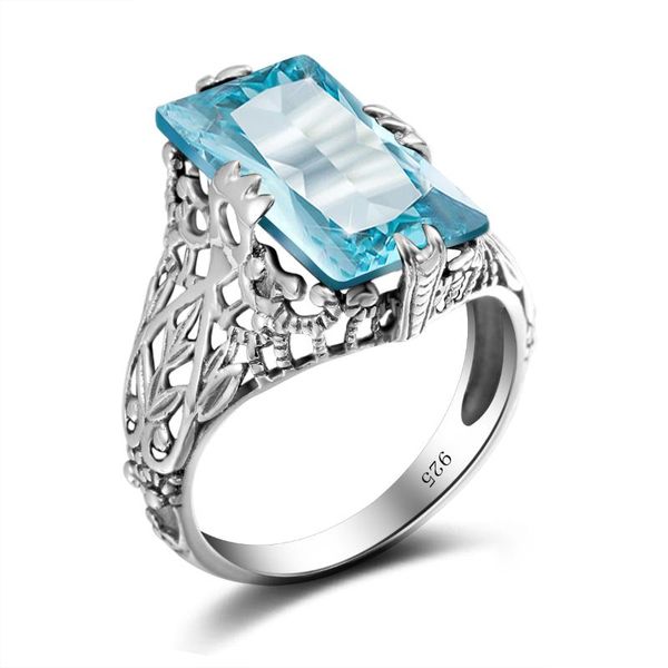 

cluster rings fine vintage sliver blue aquamarine ring women jewelry engagement party accessories gift 925 sterling for, Golden;silver