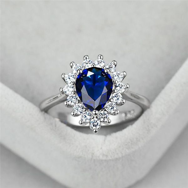 

vintage silver color wedding ring blue zircon engagement promise female luxury crystal water drop stone rings for women men, Slivery;golden