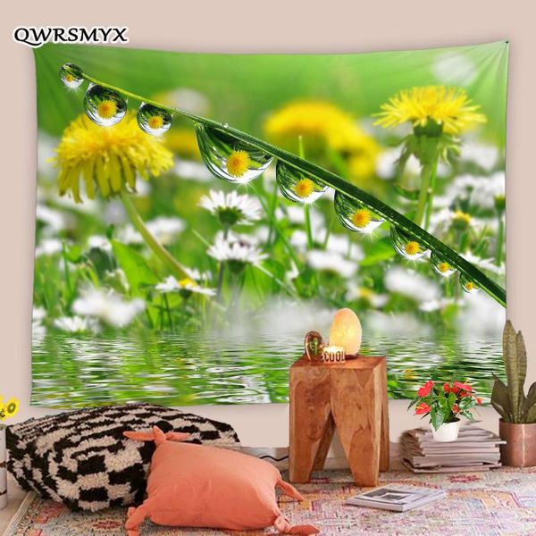 

tapestries idyllic landscape tapestry wall hanging polyester fabric flowers water drops close-up print aesthetic art zen home