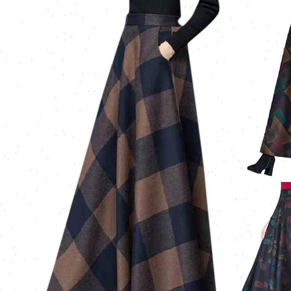 

vintage autumn winter womens skirt high waist pocket printed woollen versatile slim a line, Black