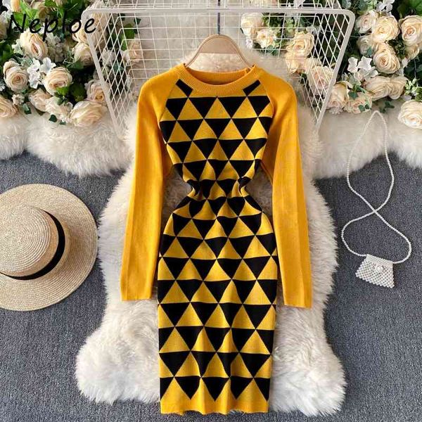 

neploe chic argyle panelled patchwork knitted women dress autumn winter slim fit design vestidos o-neck bodycon dresses 210510, Black;gray