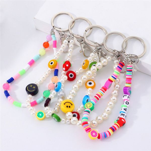 

boho colorful smiley evil eye keychain star beads new design pearl star clay key holder creative bag pendant accessories jewelry, Silver