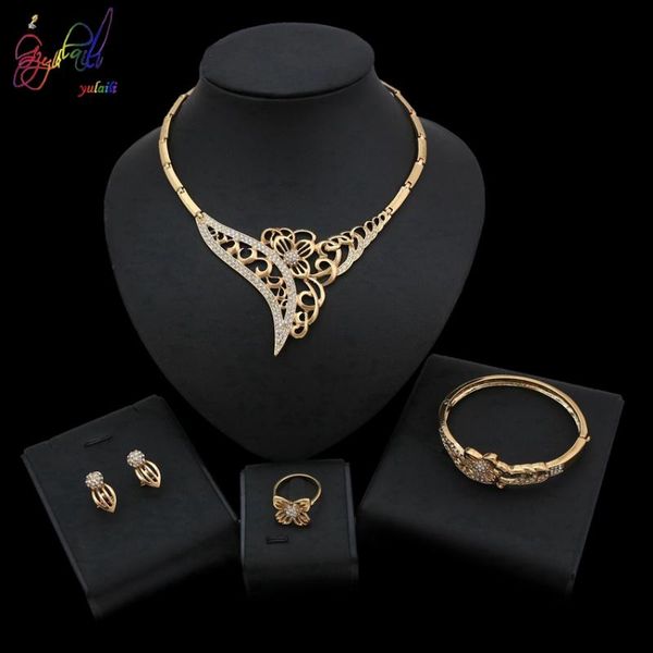 

earrings & necklace yulaili elegance women crystal choker stud bracelet ring fashion wedding bridal jewelry sets wholesale, Silver