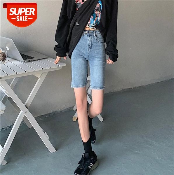 

women's ultra thin and versatile high waist side slit stretch denim cycling pants five-point mid-pants #ma5p, Black;gray