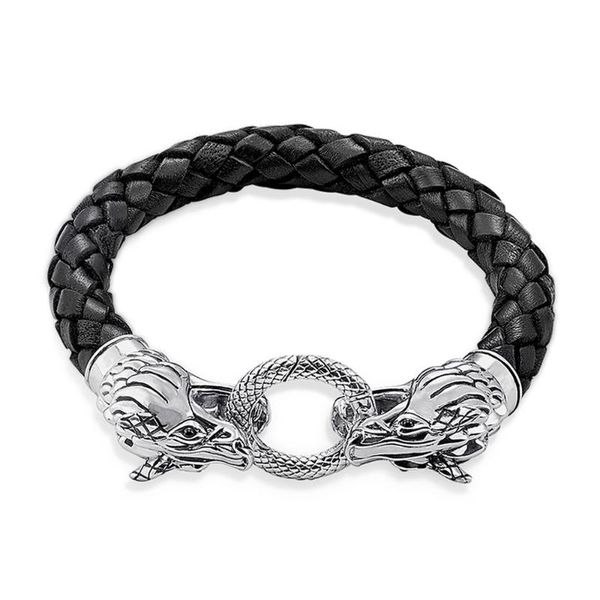 

cuff double dragon woven black leather bracelets punk style rebel animal silver fashion good jewelry for women men gifts, White