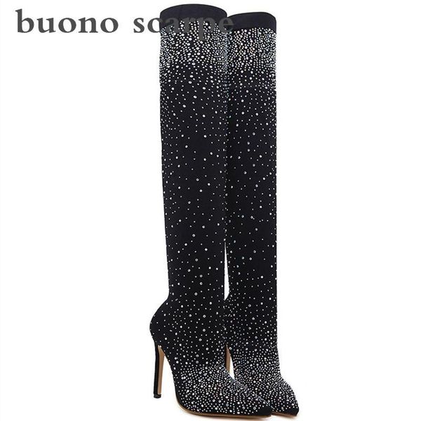 

boots rhinestone high heel women's stretch cloth over the knee, Black
