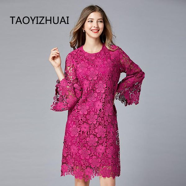 

casual dresses autumn arrival luxury lady lace dress hollow out flare rose red plus size loose above knee party vestidos 16276, Black;gray