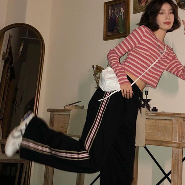 

women's pants & capris noisy family casual early autumn high waist loose sports style shows the trend of thin and wide leg surprise, Black;white