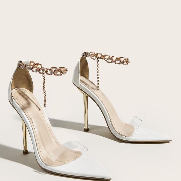 

transparent pumps women pointed toe chain design crystal heel ladies shoes stiletto high heels wedding dress, Black