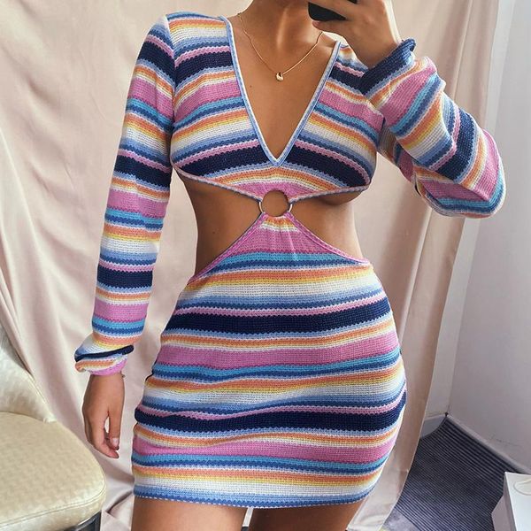 

casual dresses women temperament mixed color stripes long sleeve waist hollow knitted dress autumn v-neck bodycon slim short, Black;gray
