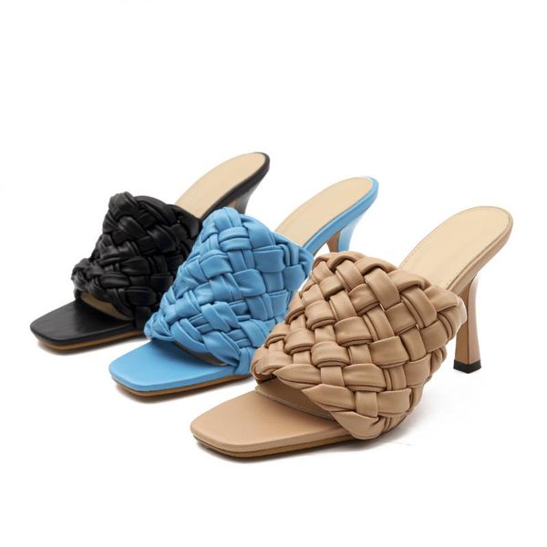

slippers 2021 ins style soft leather weave women elegant thin high heels square toe casual outside summer designer shoes, Black