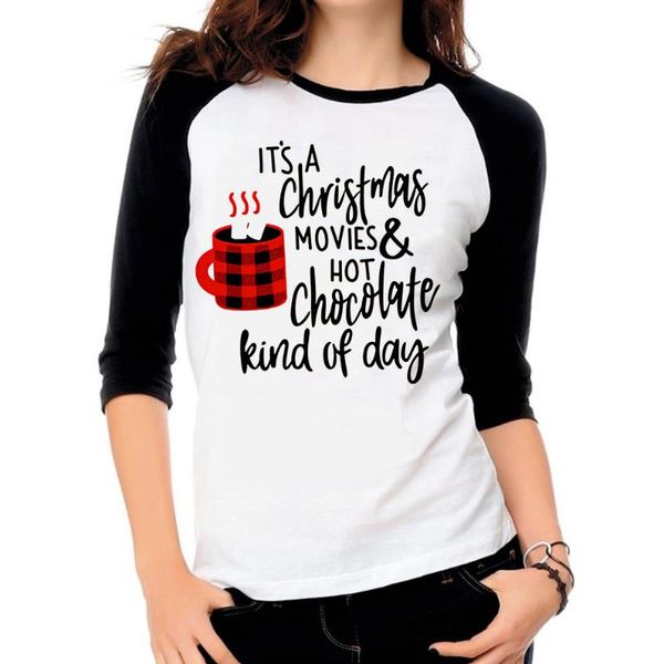 

women's t-shirt long sleeve t-shirts lady tee it is a christmas movies and chocolate kind of day letter t shirt, White