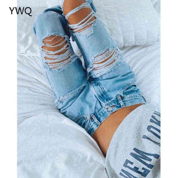 Pantaloni di jeans dritti con foro blu Jeans larghi a vita alta strappati per le donne Pantaloni larghi da donna a gamba larga da donna vintage 6310 211129