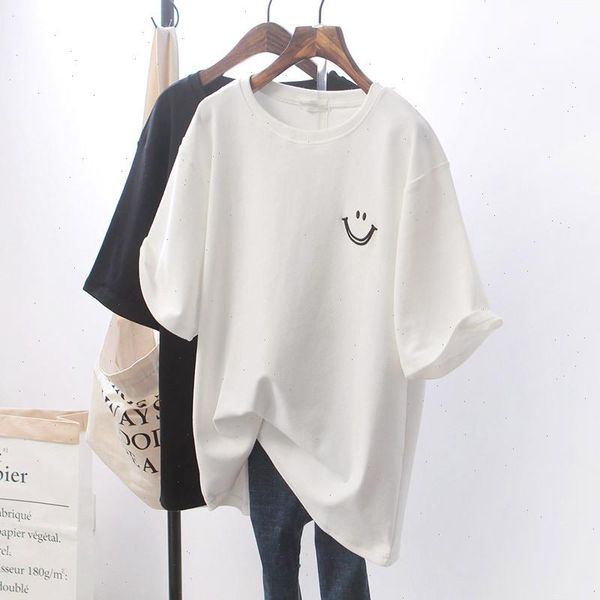 T-shirt top camiseta mulheres algodão solitário solto sorriso impressão branco manga curta meninas mulher dropshipping wbxt211