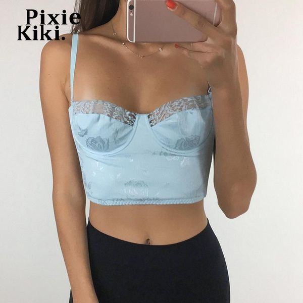 

pixiekiki baby blue floral print crop womens fashion clothes square neck lace bustier summer cami tanks p77-bb12 women's & cam, White