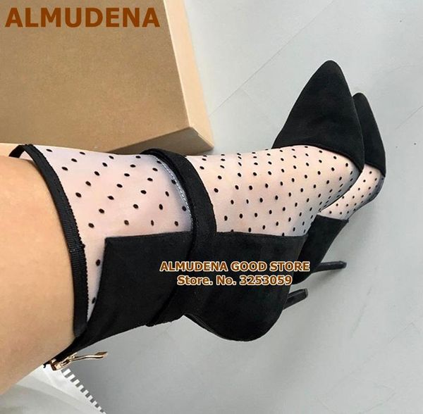

boots almudena mesh polka dots high heel ankle black suede patchwork pointed toe booties charming runway dress shoes women pumps