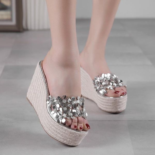 

shoes ladies' slippers platform low on a wedge flower pu slides floral basic rubber fabric woman 2021 lo, Black