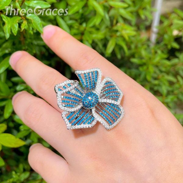 

wedding rings threegraces elegant geometric flower blue cubic zirconia big statement silver color finger for women jewelry rg151, Slivery;golden